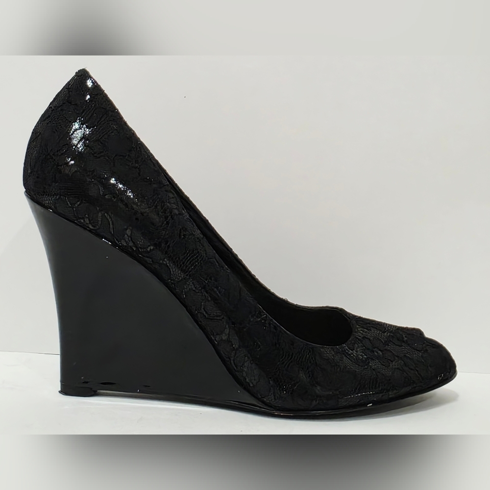 Thakoon Nine West BLACK LACE Patent Leather Wedge Loafer Heel Pump 7.5 M Used